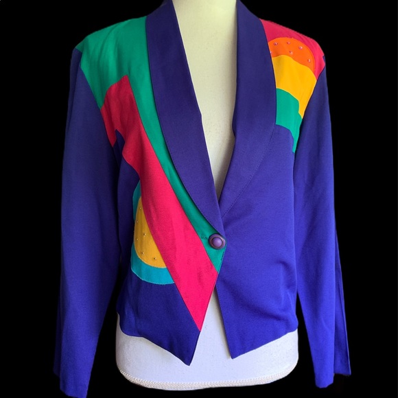 Vintage Jackets & Blazers - Vtg 80’s City Girl Blue Rainbow Cropped Blazer 6